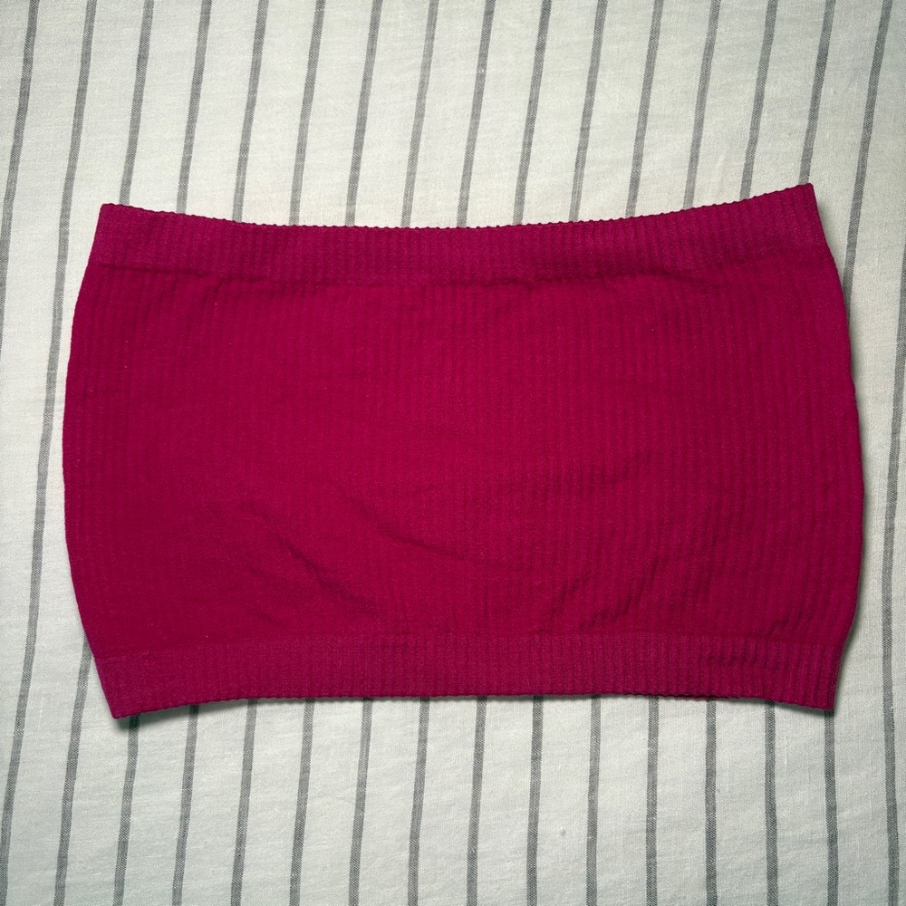Pink Ribbed Bandeau Tube Top S/M Cropped Strapless Stretch Y2K Basic